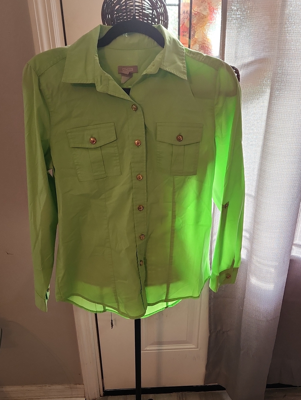 Chico's Bright Lime Green Button-Down Shirt with Chest Pockets